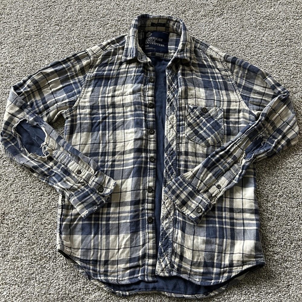Y2K American Eagle Distressed Flannel Shirt Mens Small Plaid Quilted Button Up